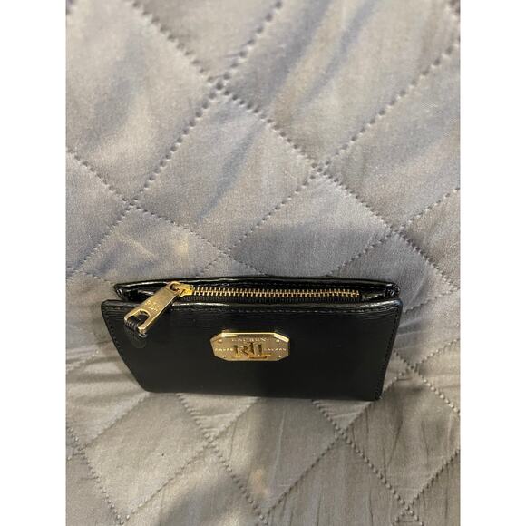 Ralph Lauren black & gold bifold leather wallet gold hardware zipper‎ pockets - Picture 3 of 8